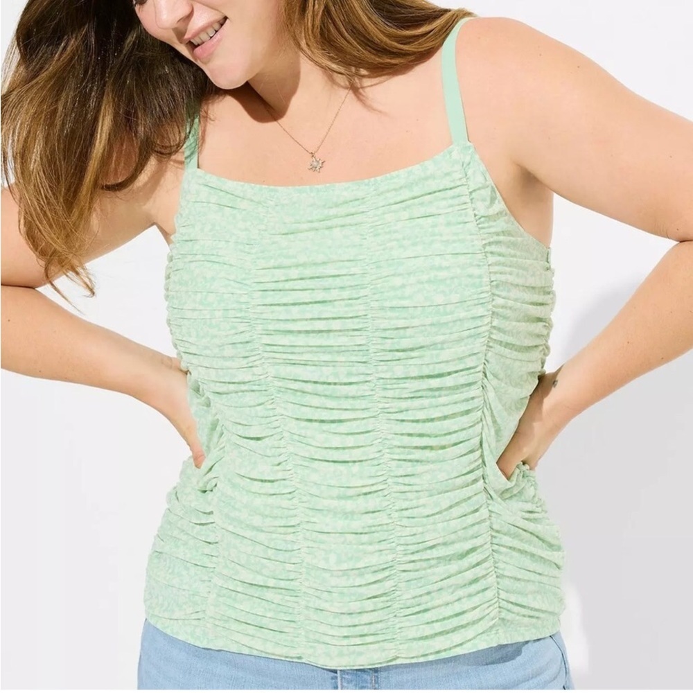 Torrid 0/L Mint Green Floral Y2K Boho 90s Stretch Mesh Cropped Shirred Cami NWT